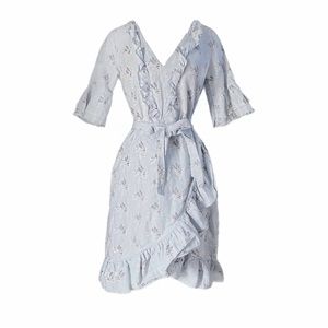 Les Coyotes De Paris Casandra Floral Linen Blend Belted Blue Dress